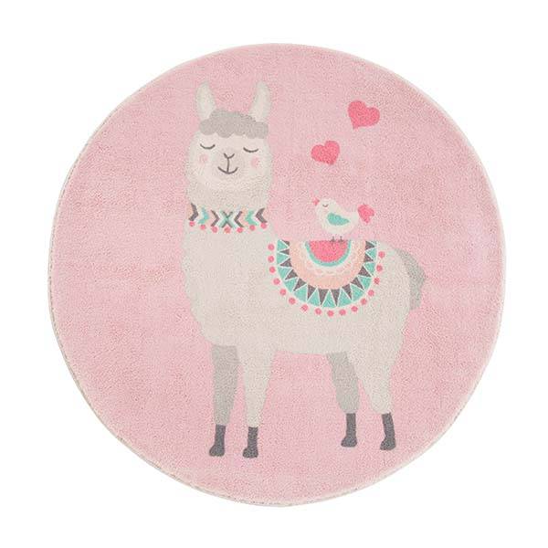 runder Lama Kinderteppich in rosa